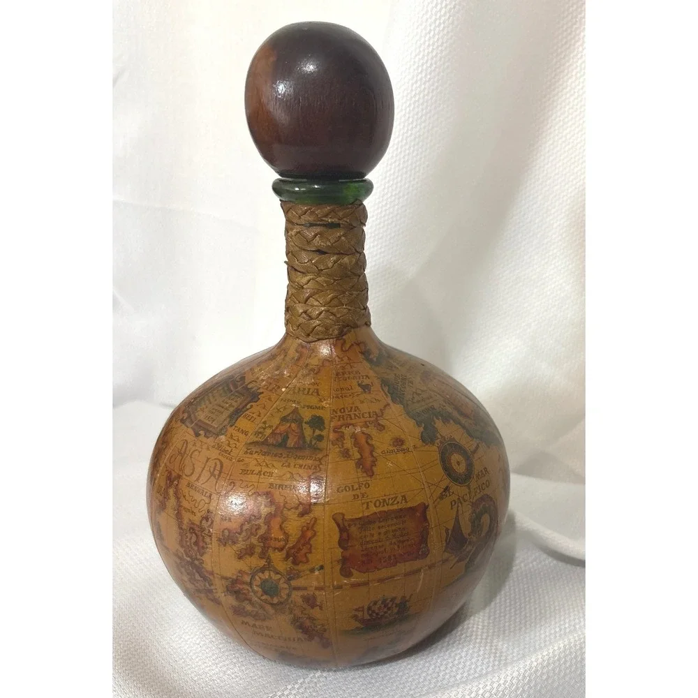 VTG 1960s Italian Old World Map Glass Decanter Nautical Wood Stopper Brown